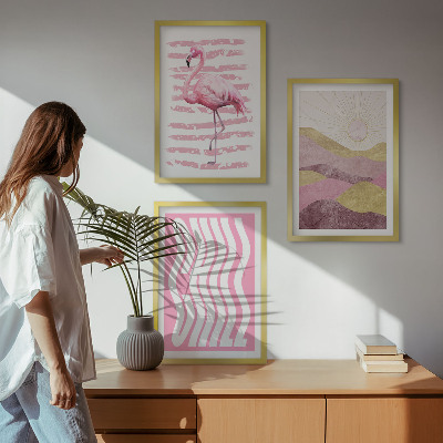 Bilder-3er-set mit rahmen Pastelllandschaft mit rosa Flamingos