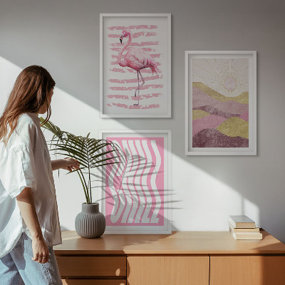 Bilder-3er-set mit rahmen Pastelllandschaft mit rosa Flamingos