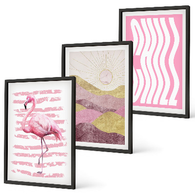 Bilder-3er-set mit rahmen Pastelllandschaft mit rosa Flamingos