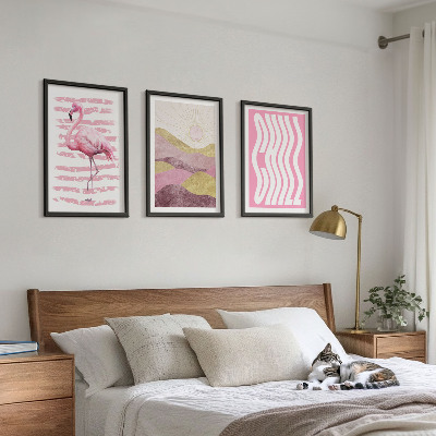 Bilder-3er-set mit rahmen Pastelllandschaft mit rosa Flamingos