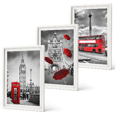 Gerahmtes bilderset Roter Regenschirmstand und Londoner Bus
