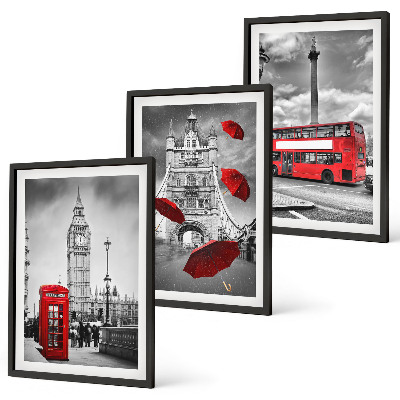 Gerahmtes bilderset Roter Regenschirmstand und Londoner Bus