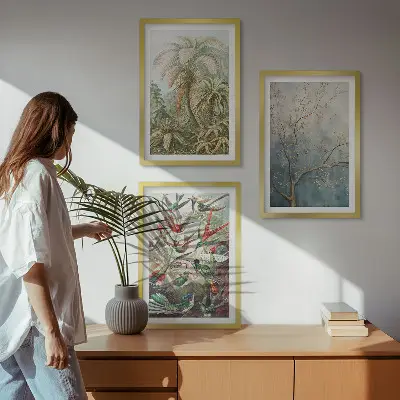 3er-Set Bilder mit Rahmen mit tropischen Pflanzen, Vögeln und Naturmotiven