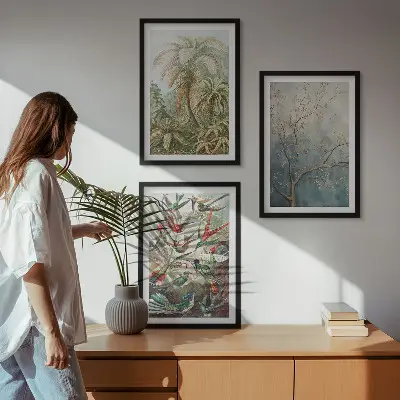 3er-Set Bilder mit Rahmen mit tropischen Pflanzen, Vögeln und Naturmotiven