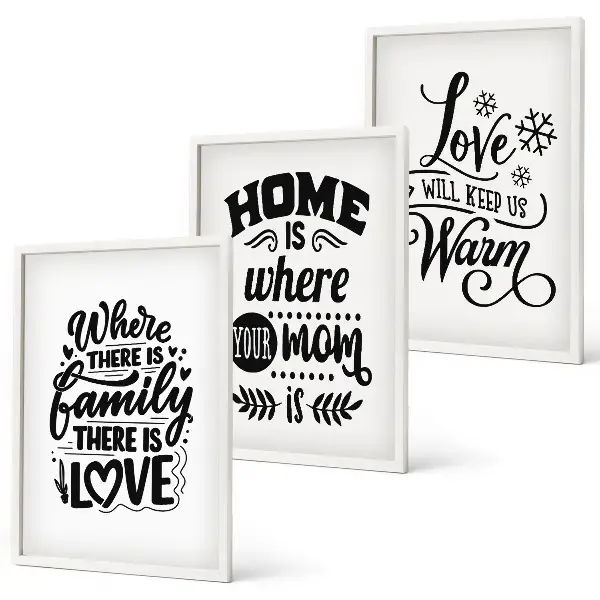 Bilder-3er-Set mit Rahmen mit Motiven zu Familie, Liebe, Zuhause und Wärme