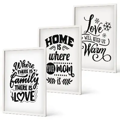 Bilder-3er-Set mit Rahmen mit Motiven zu Familie, Liebe, Zuhause und Wärme