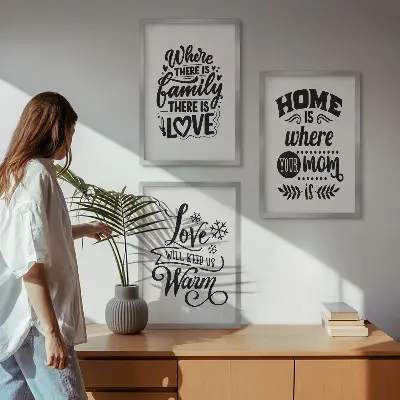 Bilder-3er-Set mit Rahmen mit Motiven zu Familie, Liebe, Zuhause und Wärme
