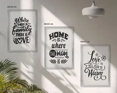 Bilder-3er-Set mit Rahmen mit Motiven zu Familie, Liebe, Zuhause und Wärme
