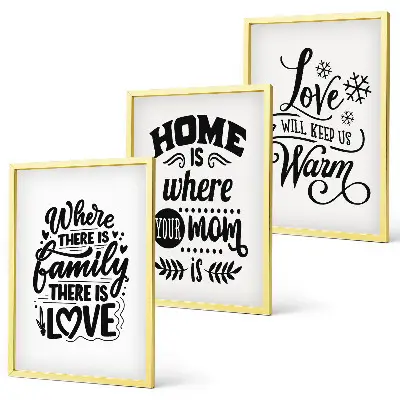 Bilder-3er-Set mit Rahmen mit Motiven zu Familie, Liebe, Zuhause und Wärme