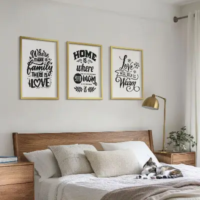Bilder-3er-Set mit Rahmen mit Motiven zu Familie, Liebe, Zuhause und Wärme