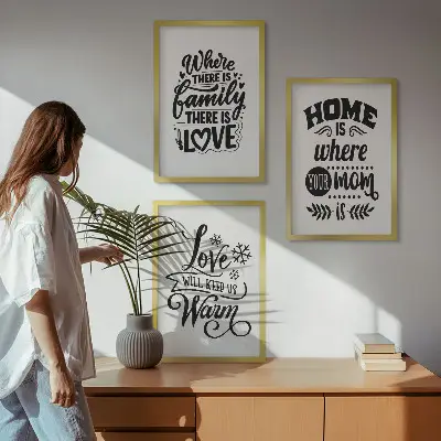 Bilder-3er-Set mit Rahmen mit Motiven zu Familie, Liebe, Zuhause und Wärme