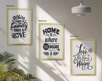 Bilder-3er-Set mit Rahmen mit Motiven zu Familie, Liebe, Zuhause und Wärme