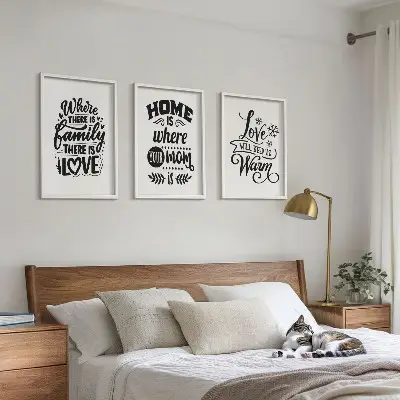Bilder-3er-Set mit Rahmen mit Motiven zu Familie, Liebe, Zuhause und Wärme