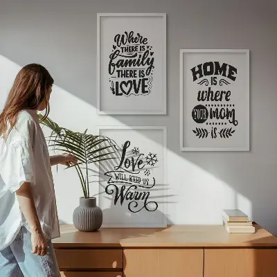 Bilder-3er-Set mit Rahmen mit Motiven zu Familie, Liebe, Zuhause und Wärme