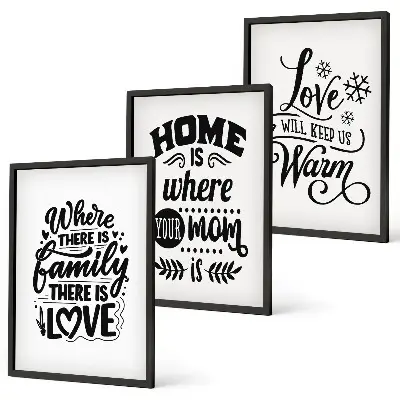Bilder-3er-Set mit Rahmen mit Motiven zu Familie, Liebe, Zuhause und Wärme