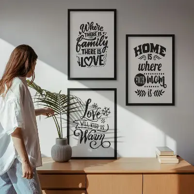 Bilder-3er-Set mit Rahmen mit Motiven zu Familie, Liebe, Zuhause und Wärme
