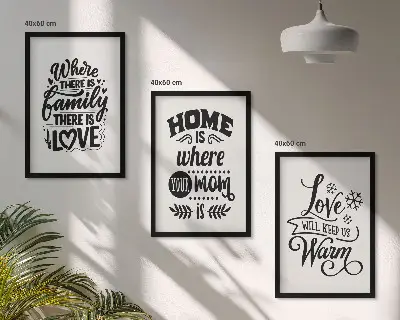 Bilder-3er-Set mit Rahmen mit Motiven zu Familie, Liebe, Zuhause und Wärme