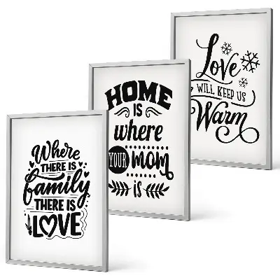 Bilder-3er-Set mit Rahmen mit Motiven zu Familie, Liebe, Zuhause und Wärme