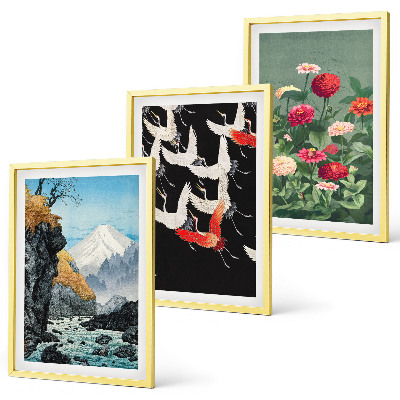 Gerahmtes bilderset Berge, Wasserfälle, Vögel, Blumen