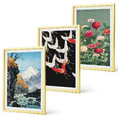 Gerahmtes Bilderset mit Motiven von Bergen, Wasserfällen, Vögeln und Blumen