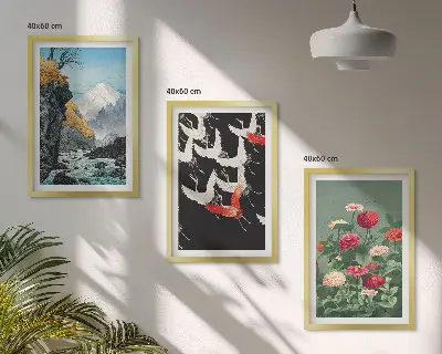 Gerahmtes Bilderset mit Motiven von Bergen, Wasserfällen, Vögeln und Blumen