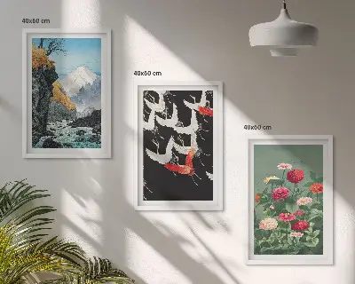 Gerahmtes Bilderset mit Motiven von Bergen, Wasserfällen, Vögeln und Blumen