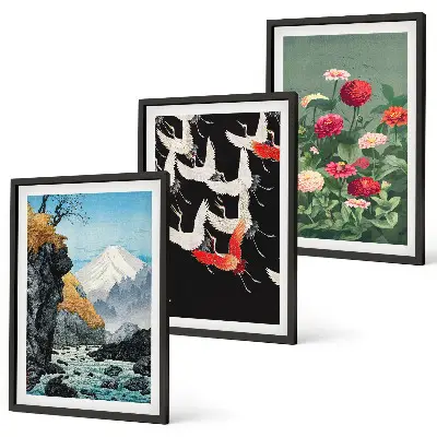 Gerahmtes Bilderset mit Motiven von Bergen, Wasserfällen, Vögeln und Blumen