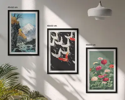 Gerahmtes Bilderset mit Motiven von Bergen, Wasserfällen, Vögeln und Blumen