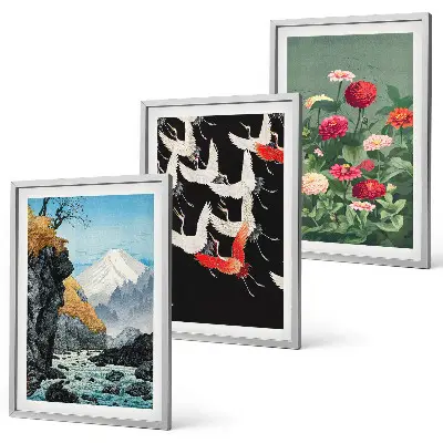 Gerahmtes Bilderset mit Motiven von Bergen, Wasserfällen, Vögeln und Blumen
