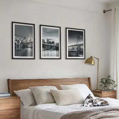 3er-Set Bilder mit Rahmen Brücken und Stadtarchitektur in Grau
