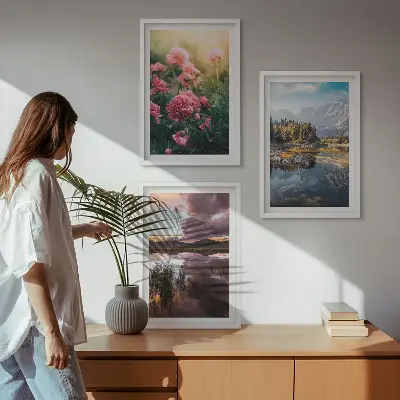 Gerahmtes Bilder-Set mit Motiv Blumengarten, Berge und Wasser