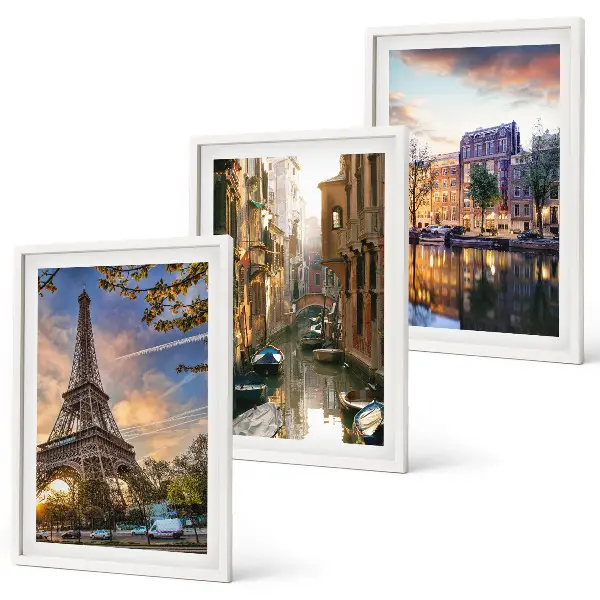 Bilder-3er-Set mit Rahmen mit Motiven vom Eiffelturm, Venedig und Amsterdamer Kanälen