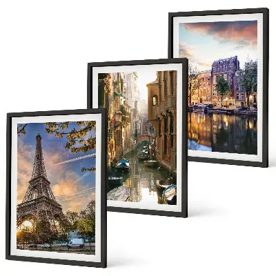 Bilder-3er-Set mit Rahmen mit Motiven vom Eiffelturm, Venedig und Amsterdamer Kanälen