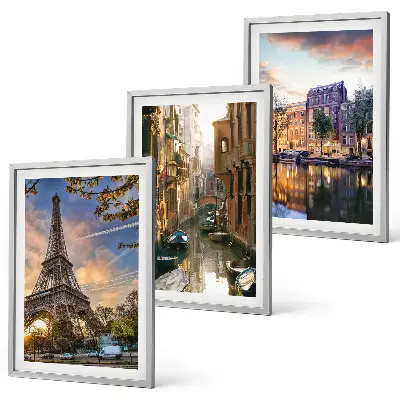 Bilder-3er-Set mit Rahmen mit Motiven vom Eiffelturm, Venedig und Amsterdamer Kanälen