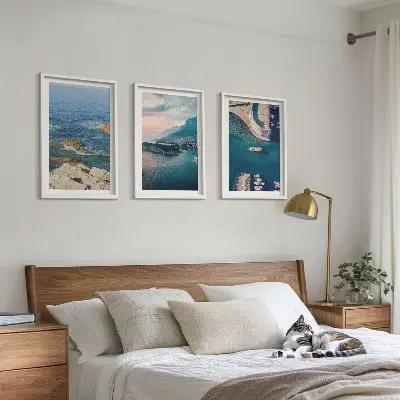 Bilder-3er-Set mit Rahmen mit Motiven von Meerblick, Klippen und Häfen