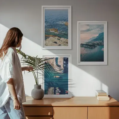 Bilder-3er-Set mit Rahmen mit Motiven von Meerblick, Klippen und Häfen