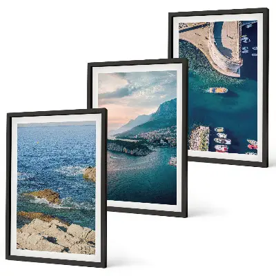 Bilder-3er-Set mit Rahmen mit Motiven von Meerblick, Klippen und Häfen