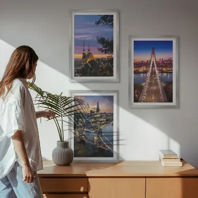 Gerahmtes Bilderset mit Ausblicken auf Brücken und Sonnenuntergänge