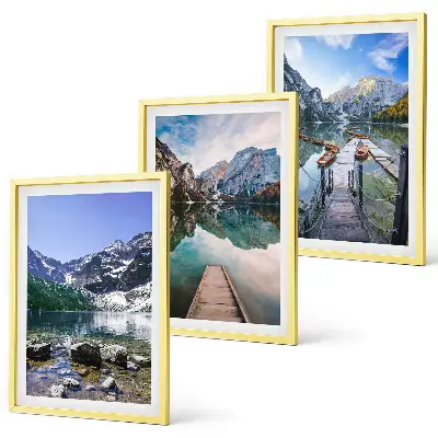 Gerahmtes Bilderset Berge, Seen und Holzstege