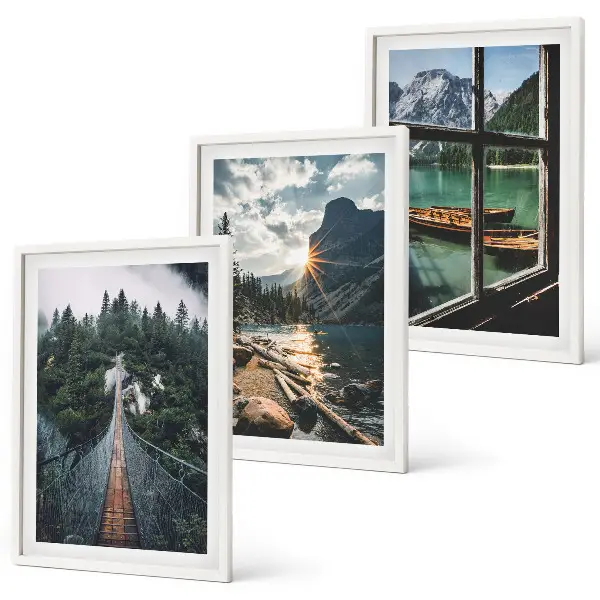 3er-Set Bilder mit Rahmen mit Motiven von Brücke, Wald, See, Booten und Bergen