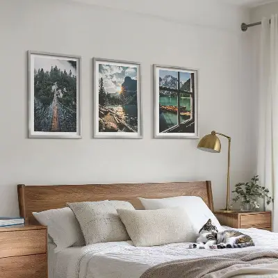 3er-Set Bilder mit Rahmen mit Motiven von Brücke, Wald, See, Booten und Bergen