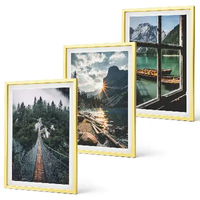 3er-Set Bilder mit Rahmen mit Motiven von Brücke, Wald, See, Booten und Bergen