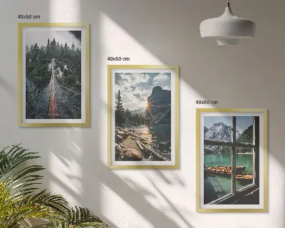 3er-Set Bilder mit Rahmen mit Motiven von Brücke, Wald, See, Booten und Bergen
