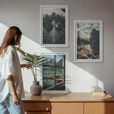 3er-Set Bilder mit Rahmen mit Motiven von Brücke, Wald, See, Booten und Bergen