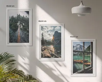 3er-Set Bilder mit Rahmen mit Motiven von Brücke, Wald, See, Booten und Bergen