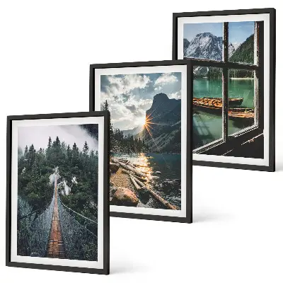 3er-Set Bilder mit Rahmen mit Motiven von Brücke, Wald, See, Booten und Bergen