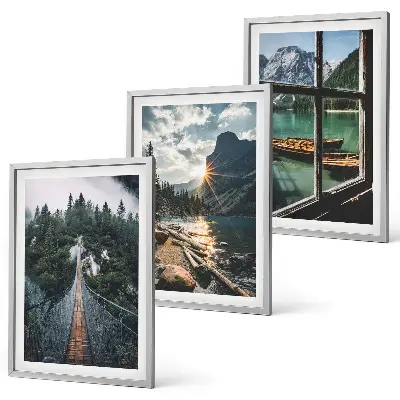 3er-Set Bilder mit Rahmen mit Motiven von Brücke, Wald, See, Booten und Bergen