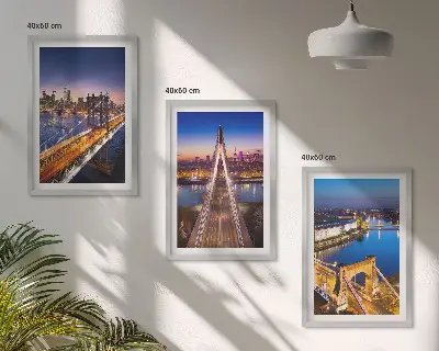 3er-Set Bilder mit Rahmen Städte bei Nacht, Brücken und Flüsse