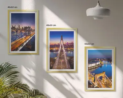 3er-Set Bilder mit Rahmen Städte bei Nacht, Brücken und Flüsse