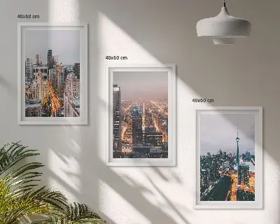 Gerahmtes Bilderset mit Motiven von Städten bei Nacht, Wolkenkratzern und Lichtspielen